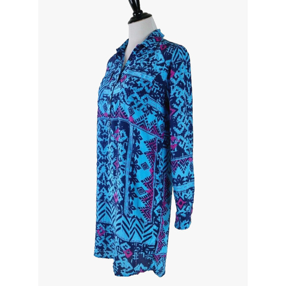 Tori Richard Dresses & Skirts - Tori Richard Size 2 Silk Popover Dress Long Sleeve Geometric Blue Pink